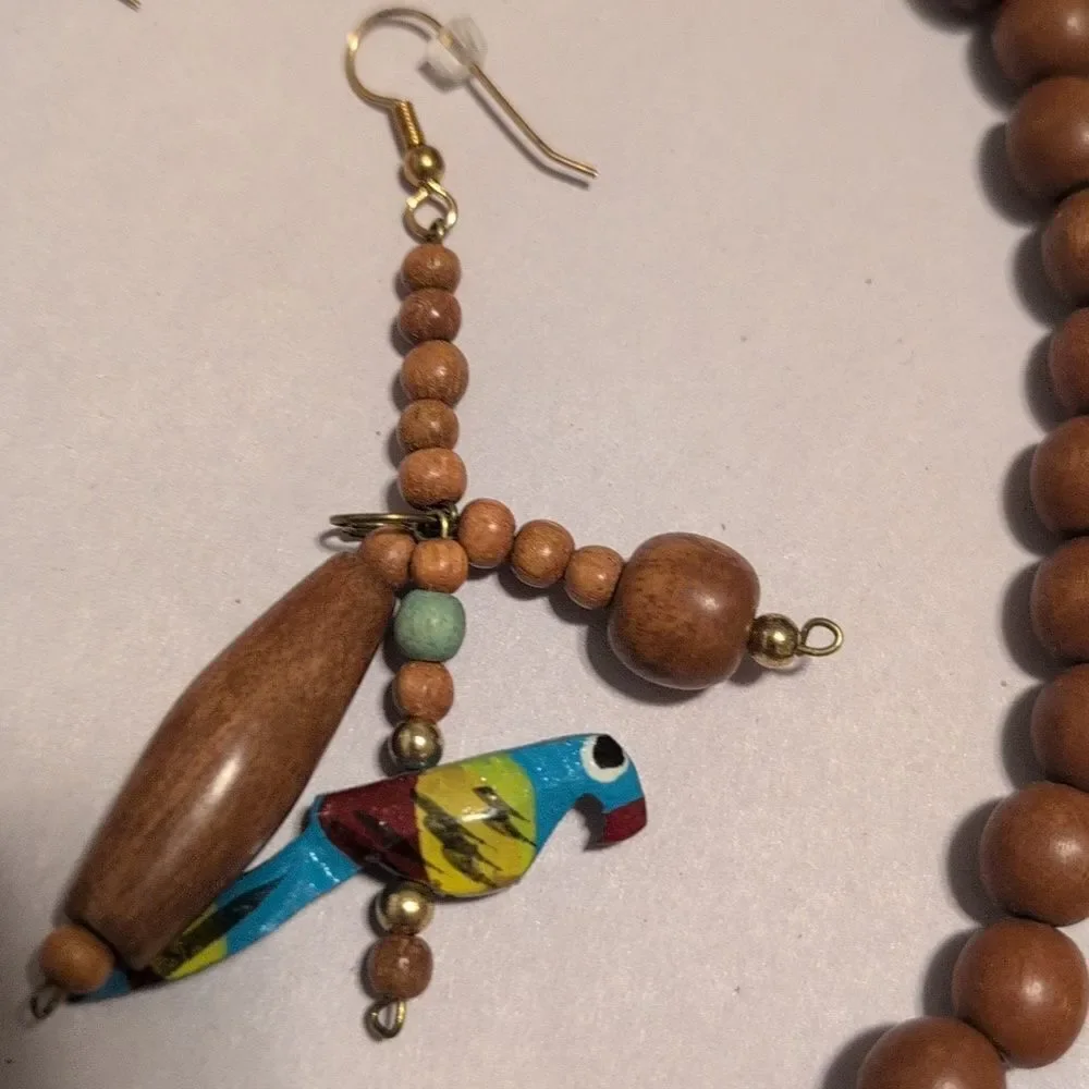 Colorful Wooden Bead Bird Necklace and Pierced Earring Set Tropical Fun
